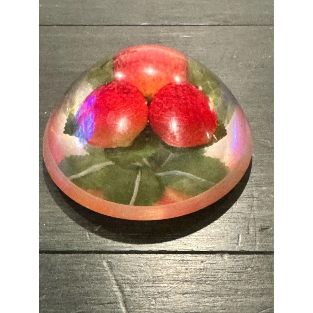 Vintage Lucite paperweight, red strawberries and green leaves